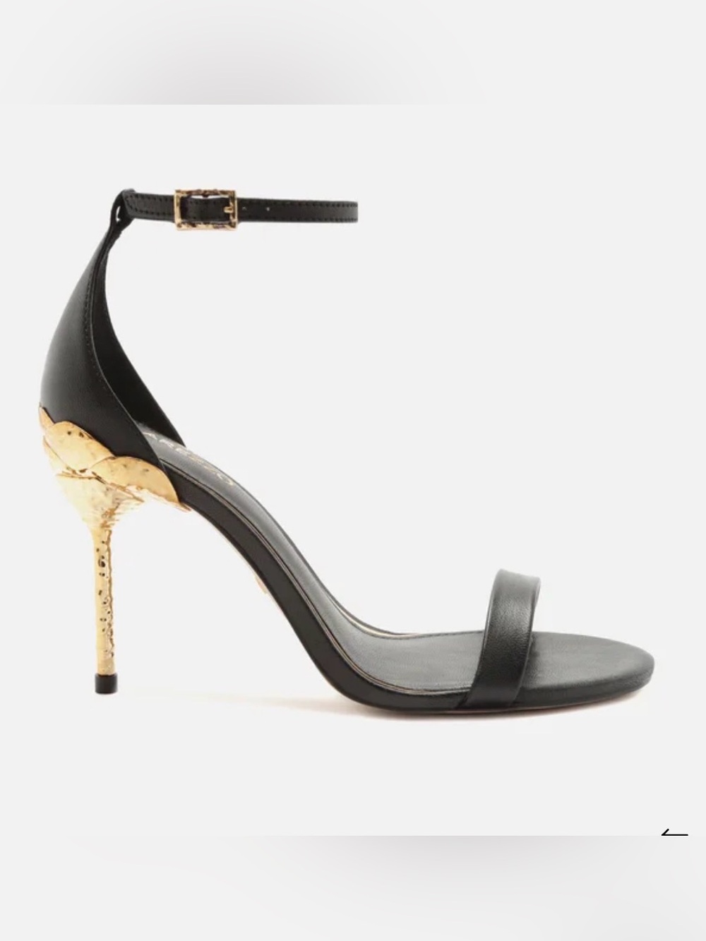 Black Leather Ankle-Strap Sandal with Gold Sculpted Heel